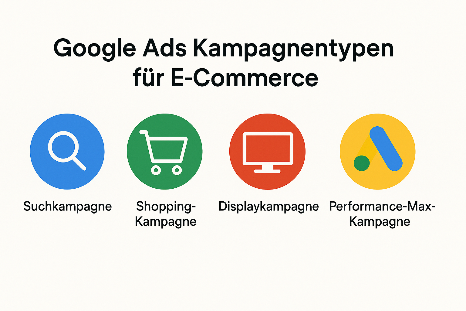 Infografik der Google Ads-Kampagnentypen für E-Commerce, mit Fokus auf Shopping und PMax